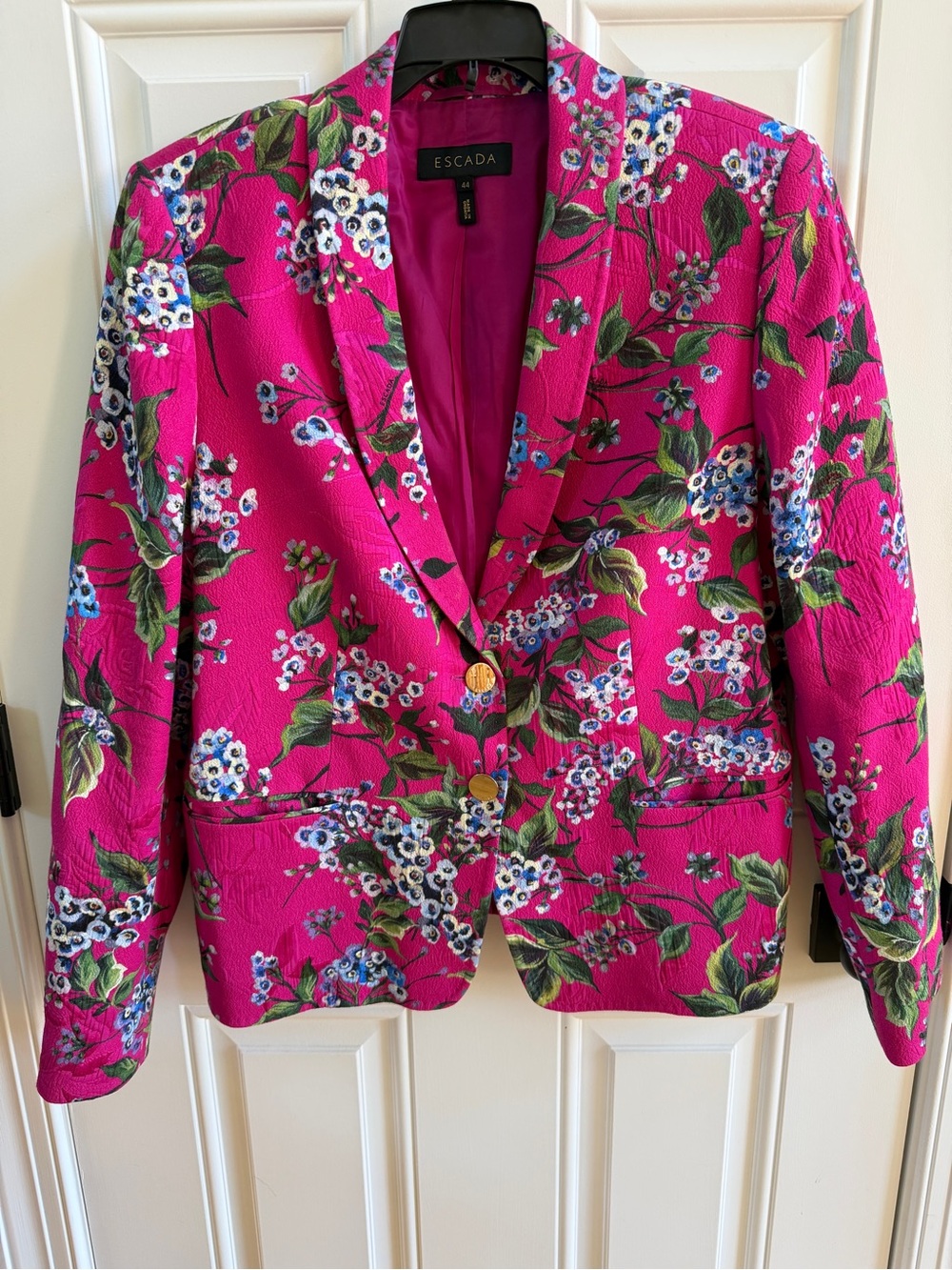 Escada Bright Fuchsia Floral Blazer with Gold Buttons